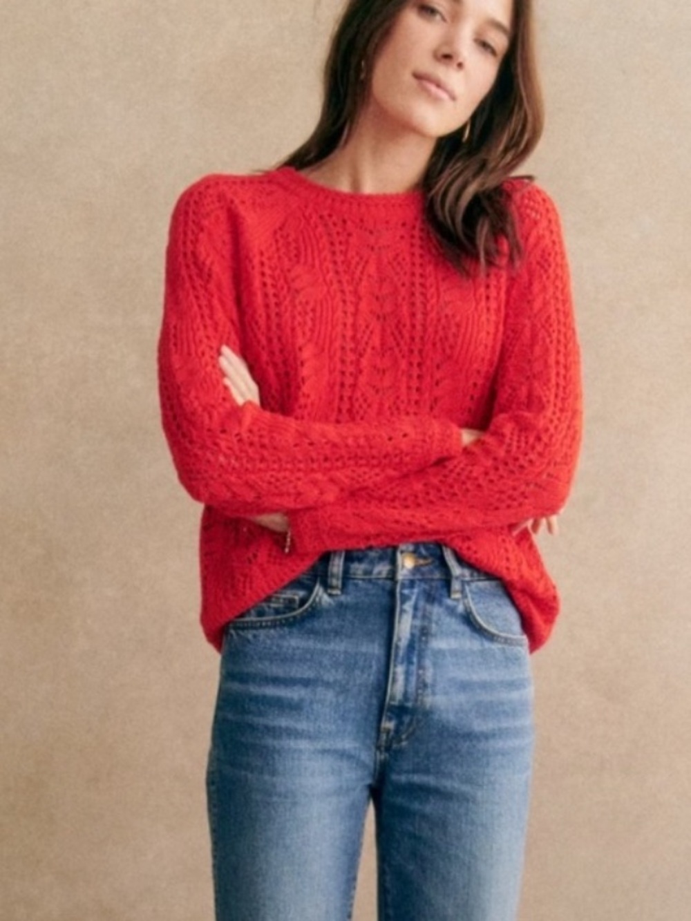 Sézane NEW Red Open-Knit Crewneck Sweater
